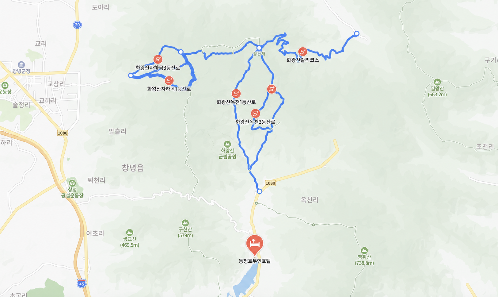 화왕산 자하곡과 옥천 방향의 등산 경로와 동정호무인호텔 위치가 표시된 지도